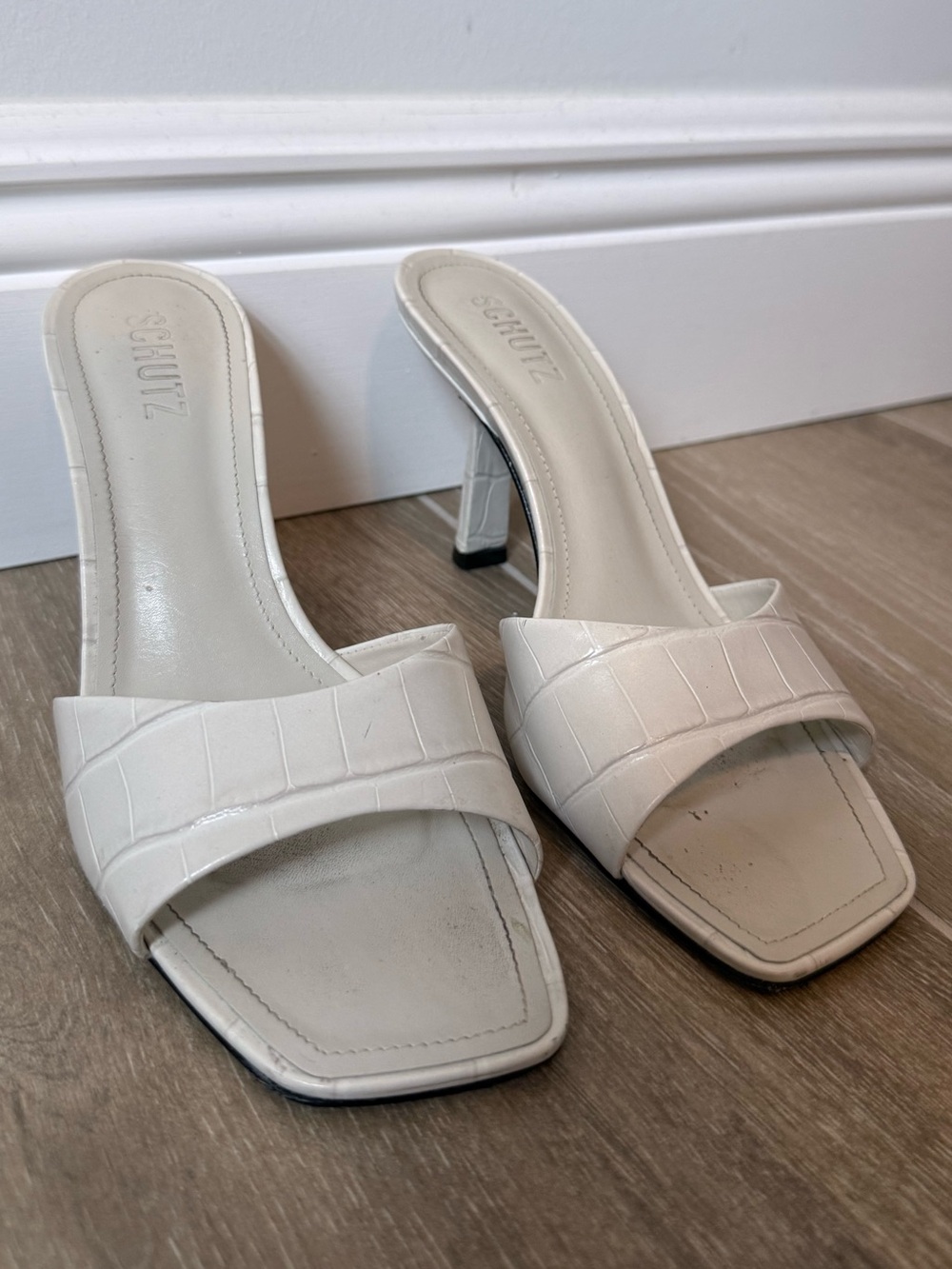 Schutz Cream Croc-Embossed Slide Heels